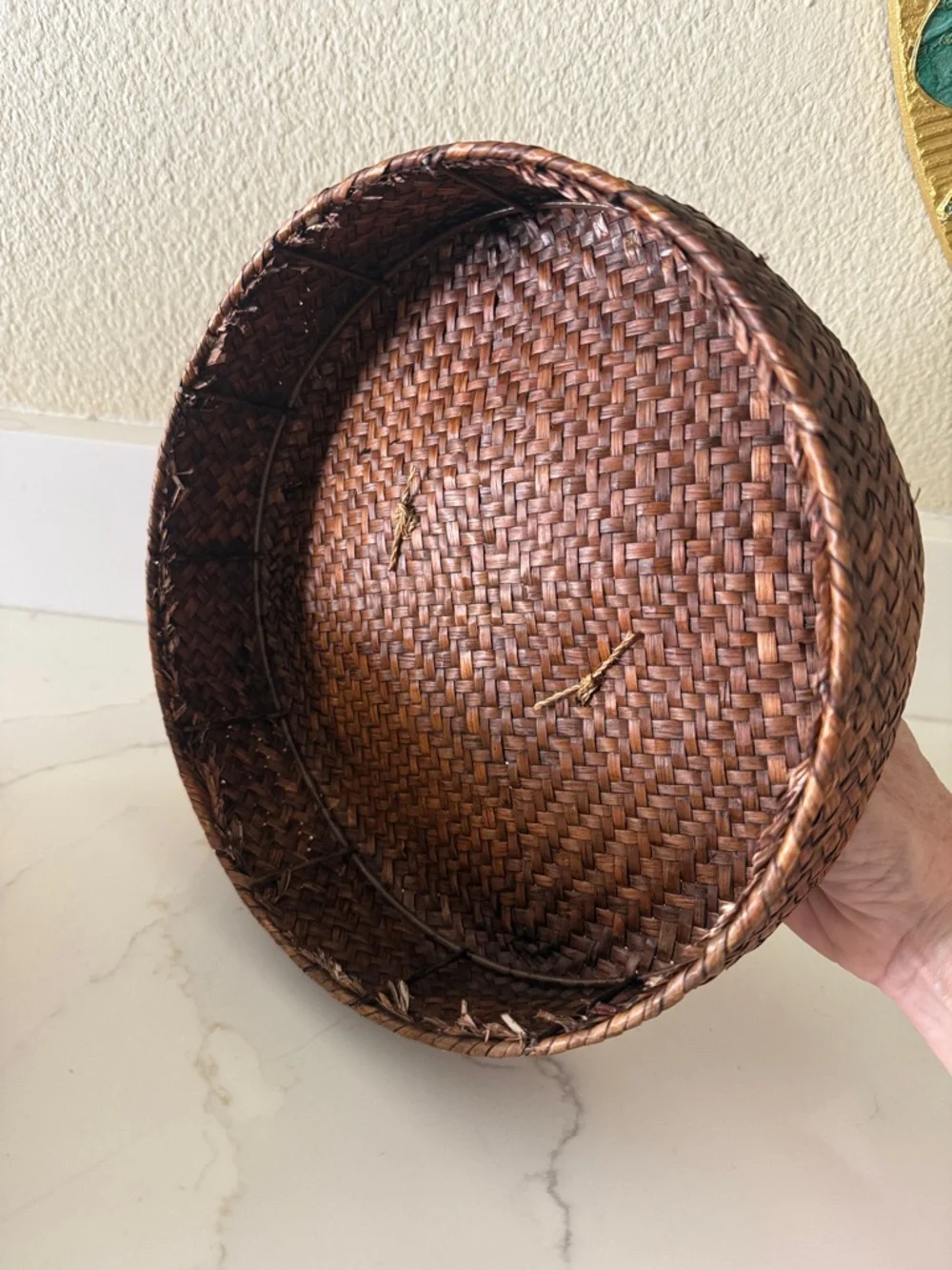 Vintage Woven Basket with Lid Bamboo Handle